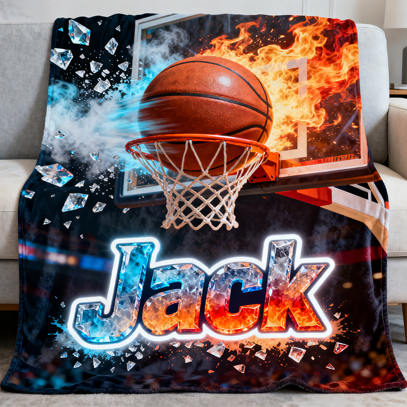 Personalized Basketball Blanket with Fiery Hoop Design and Custom Name for Players and Enthusiasts