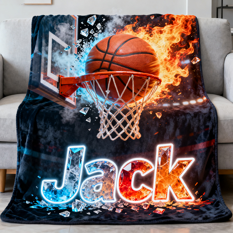 Personalized Basketball Blanket with Fiery Hoop Design and Custom Name for Players and Enthusiasts