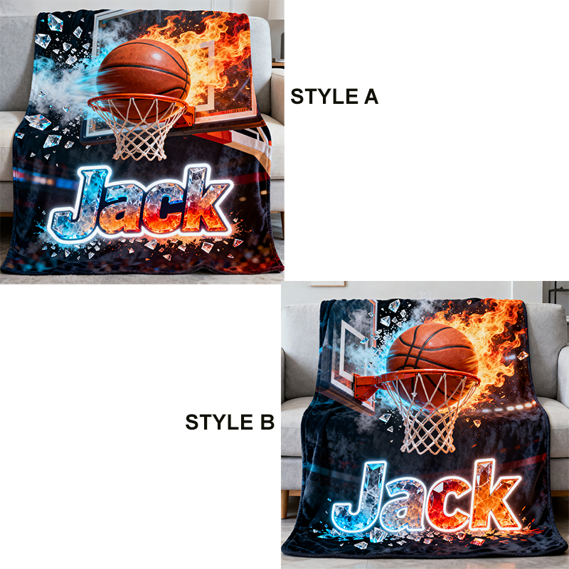 Personalized Basketball Blanket with Fiery Hoop Design and Custom Name for Players and Enthusiasts