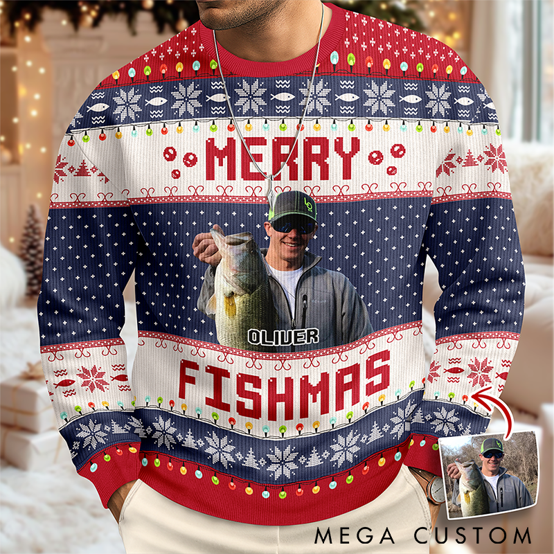 Personalized Merry Fishmas Ugly Sweater Funny Fishing Ugly Sweater Custom Photo and Name Funny Holiday Gift for Fishing Lovers