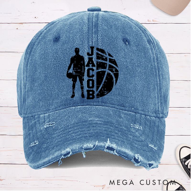 Personalized Distressed Denim Basketball Cap with Custom Name Player Silhouette and Bold Graphic Design