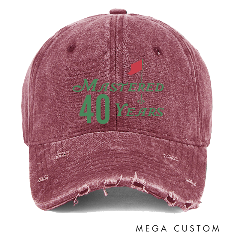 Personalized Distressed Denim Baseball Cap with Custom Age and "Mastered Years" Golf Flag Design for Milestone Celebrations