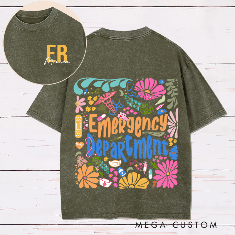 Personalized Two Sides Printed Washed T-Shirt Customized Emergency Department Vibrant Floral Design Washed T-Shirt 