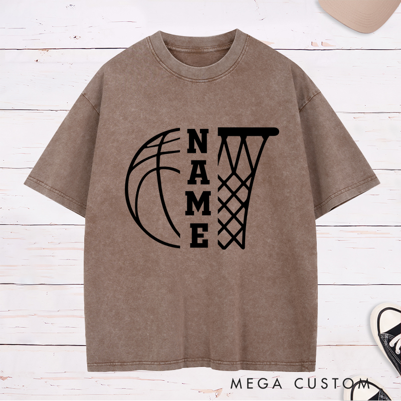 Personalized Washed T-Shirt Design Featuring a Basketball and Hoop Graphic with Customizable Vertical Name