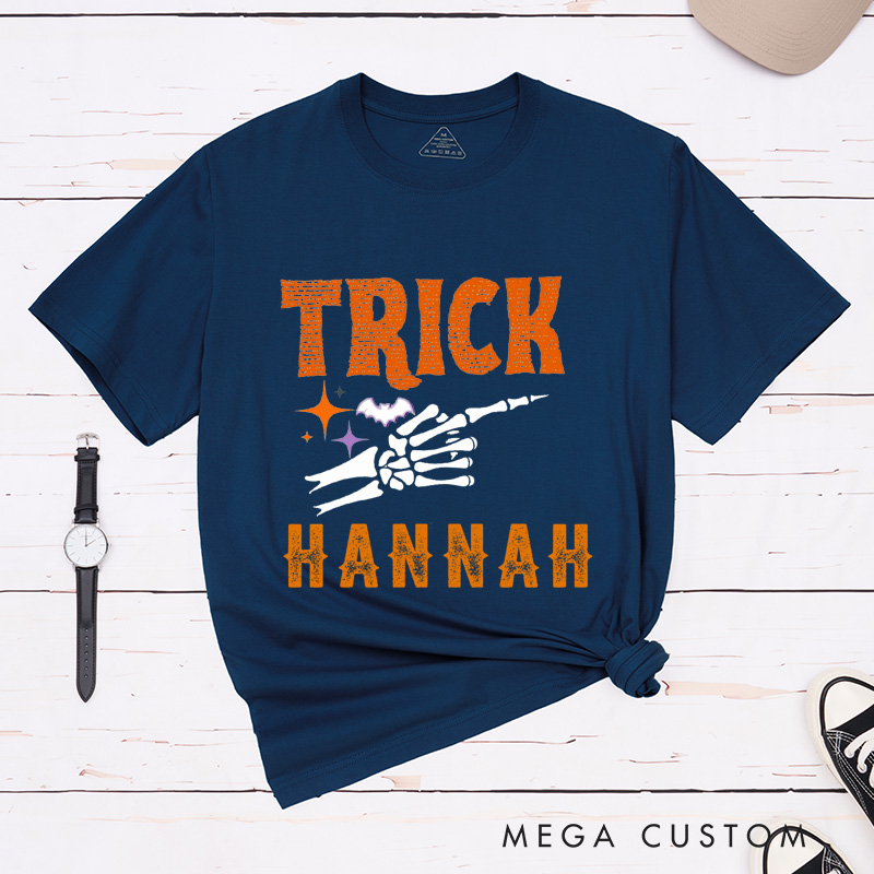Personalized Halloween Trick Or Treat Funny Couple Matching T-Shirt Skeleton Finger Couple Shirt