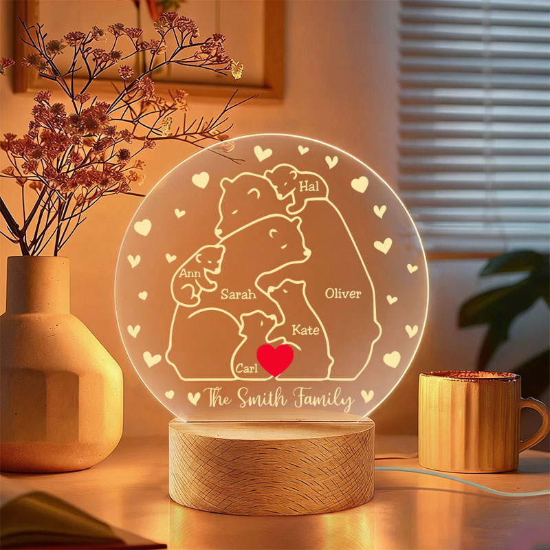 Personalized Heart Bear Family Acrylic LED Night Light with Wooden Base and Text Home Decor Gift for Mom Dad Family Bedroom Living Room Decor