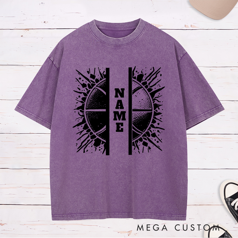 Personalized Washed T-Shirt Design Featuring Split Basketball Graphic with Customizable Vertical Name