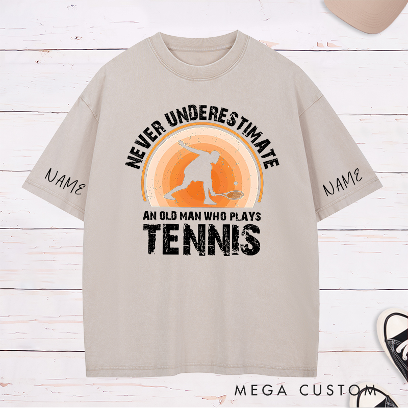 Personalized Tennis Washed T-Shirt with "Never Underestimate" Graphic and Custom Name