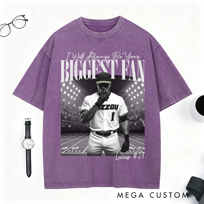 Personalized "I’ll Always Be Your Fan" Baseball Washed T-Shirt with Custom Photo and Name