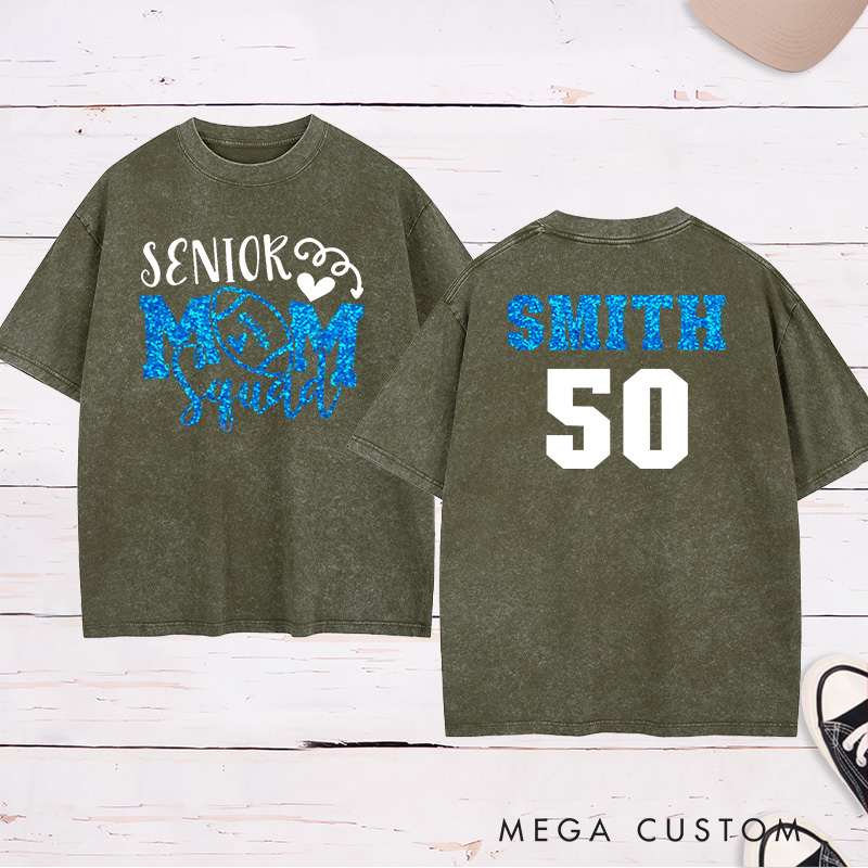Personalized American Football and Rugby Glitter Senior Washed Mom T-Shirts with Custom Name and Number
