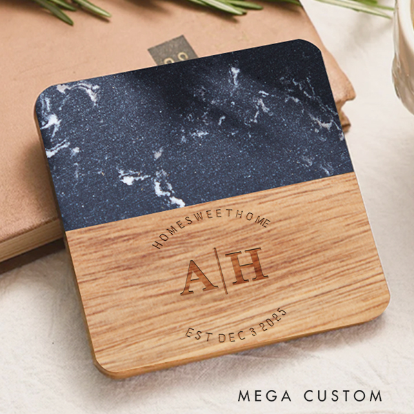Personalized Modern Monogram Home Coaster Custom Marble and Wood Coaster New Home Gift for Couple Engraved Wedding Housewarming Coasters