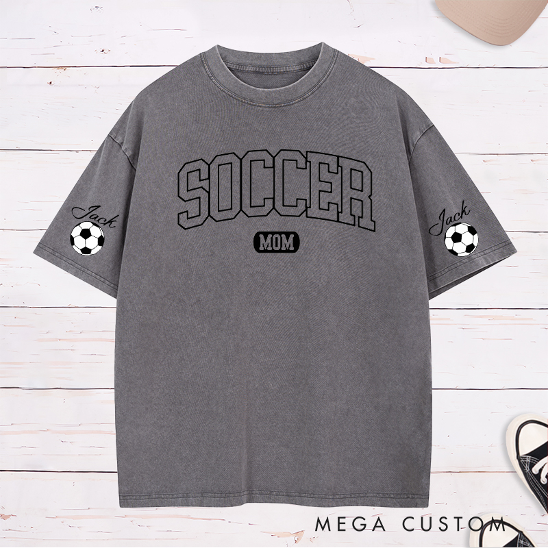 Personalized Soccer Mom Washed T-Shirt with Custom Sleeve Name Design