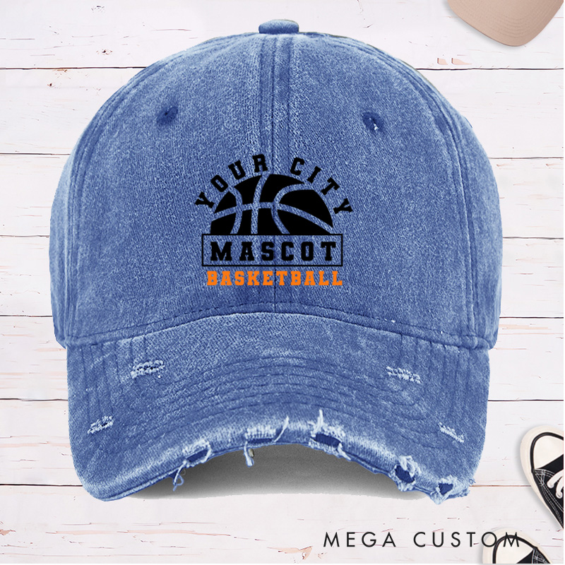 Personalized Distressed Denim Basketball Cap with Custom City Name Team Name and Basketball Graphic Design
