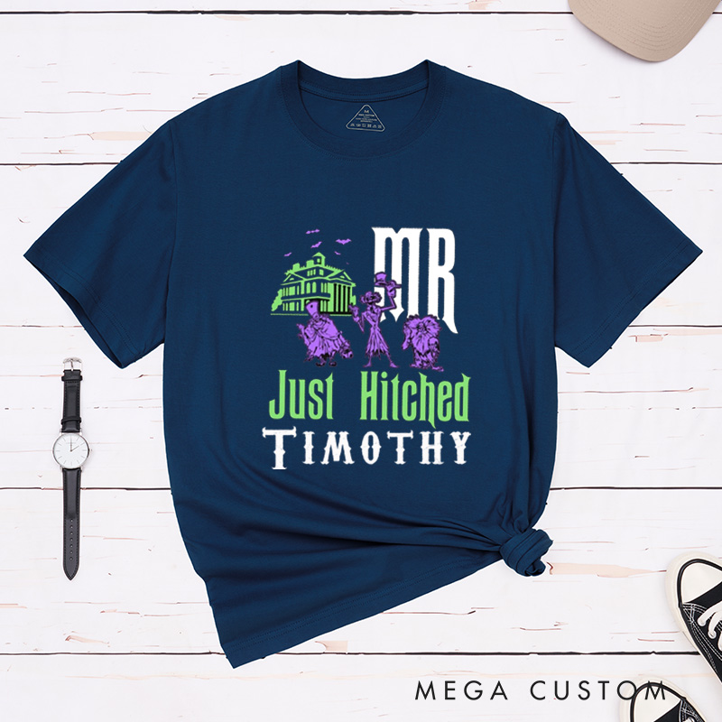 Personalized Halloween Mr and Mrs Just Hitched Couple Just Married Matching T-Shirt 