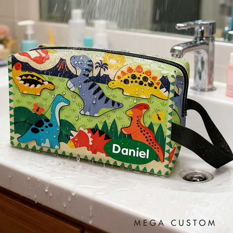 Personalized Dinosaur World Design Toiletry Bag Custom Name for Kids Travel Gifts and Daily Use