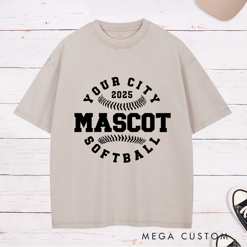 Personalized Softball Team Washed T-Shirt Design Featuring Custom City Name Team Name Baseball Stitch Graphics and Custom Year Highlight