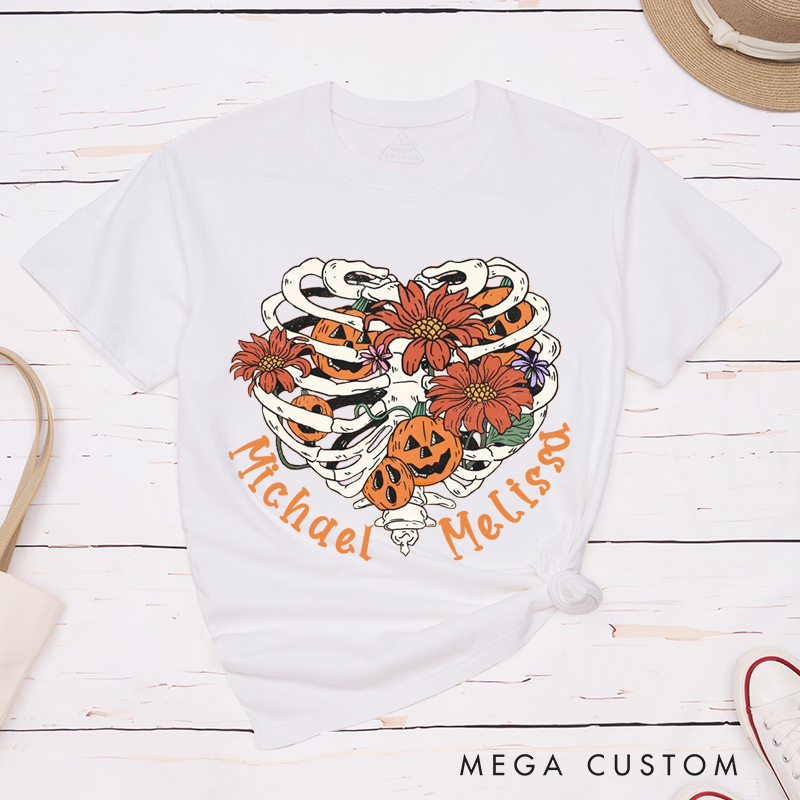 Personalized Heart Skull Pumpkin Couple Halloween T-Shirt 