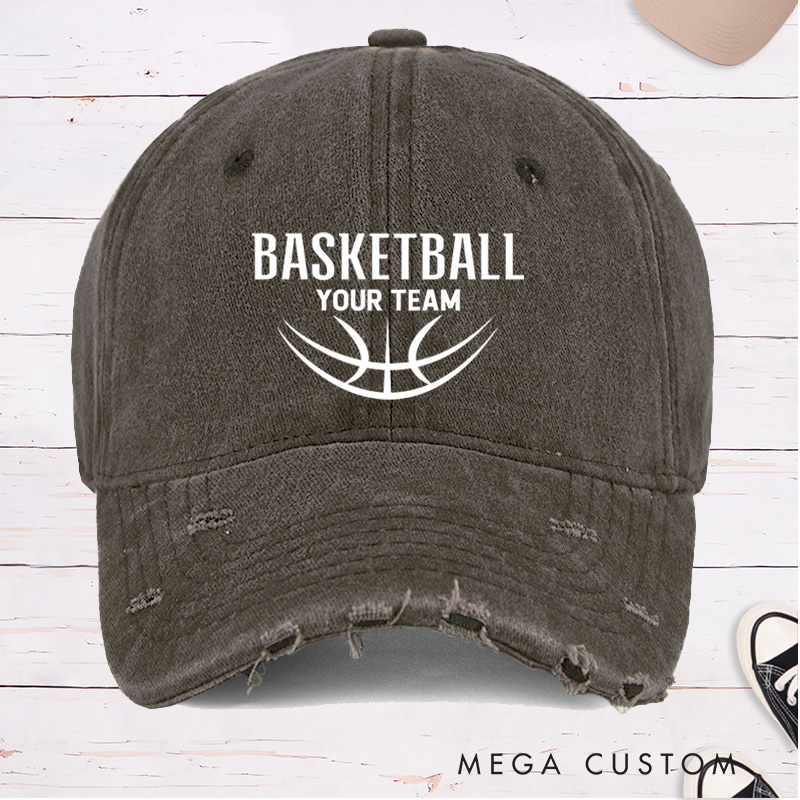 Personalized Distressed Denim Basketball Cap with Custom Team Name and Modern Basketball Graphic Design