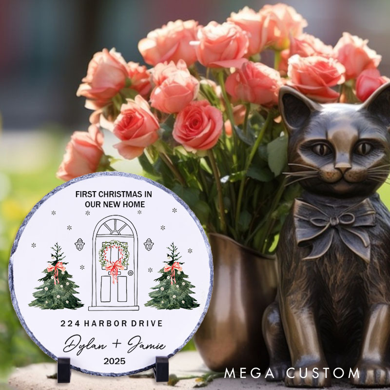 Personalized First Christmas in Our New Home Decorative Plaque Custom Festive Design with Address and Names Tabletop Display Perfect for Housewarming Gift Keepsake