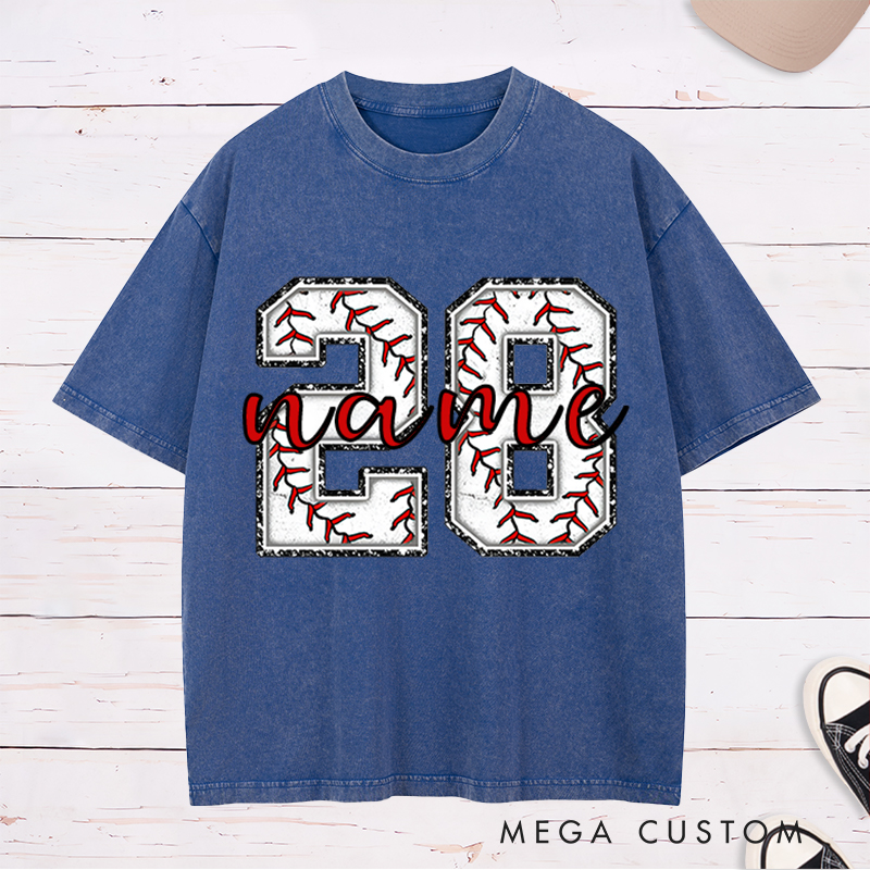 Personalized Baseball Washed T-Shirt Featuring Distressed Numbers and Custom Name and Number