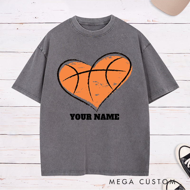 Personalized Washed T-Shirt Design Featuring a Heart-Shaped Basketball Graphic with Customizable Name for a Unique and Stylish Look