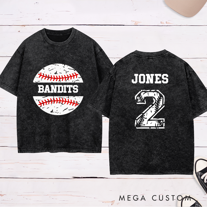 Personalized Baseball Team Washed T-Shirt with Vintage Baseball Design and Custom Name and Number