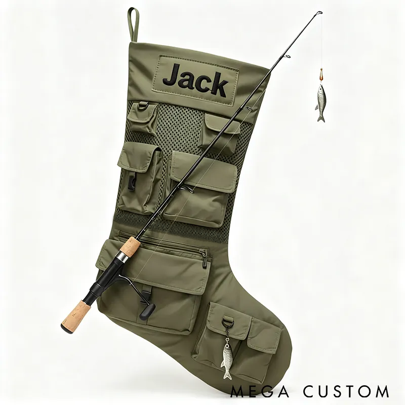 Personalized Fishing Christmas Stocking Christmas Decor Custom Name Stocking Multi-Pocket Design Perfect Holiday Gift for Anglers