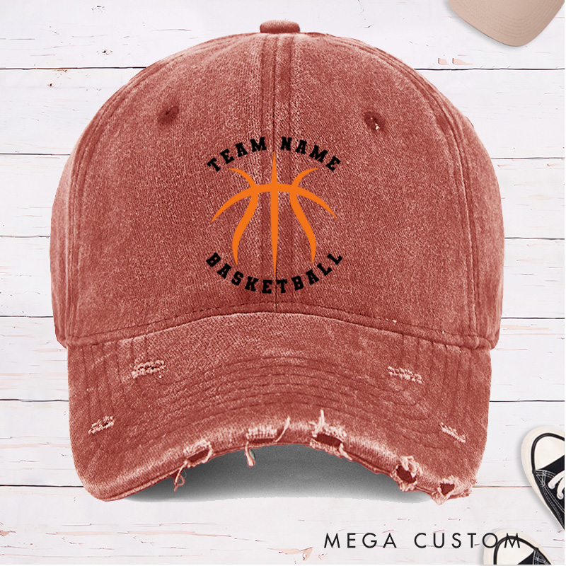 Personalized Distressed Denim Basketball Cap with Custom Team Name and Basketball Graphic Design