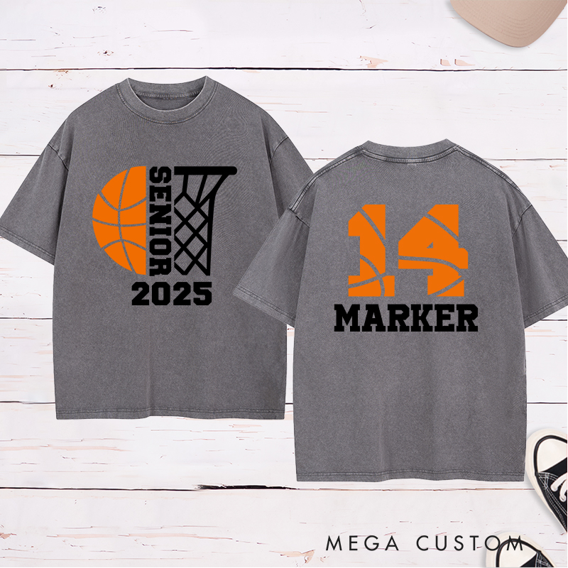 Personalized Washed T-Shirt Design Featuring Customizable Year Basketball Theme with Custom Name and Number for a Sporty Graduation Style