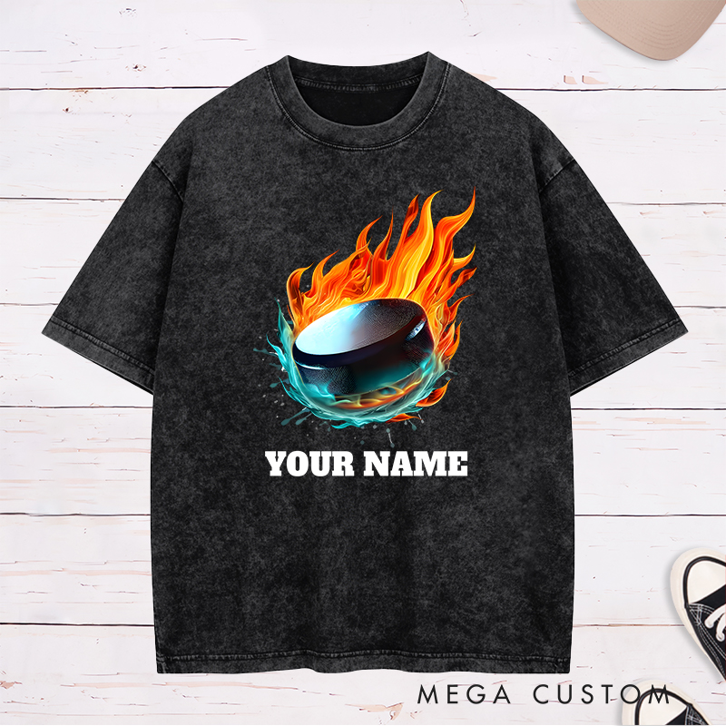 Personalized Flaming Hockey Puck Washed T-Shirt with Custom Name  