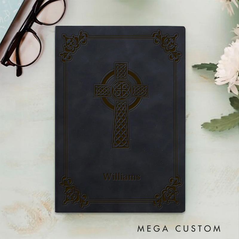 Personalized Celtic Cross with Elegant Decorative Border Prayer Journal Leather A5 Notebook with Name Religious Gift for Christians