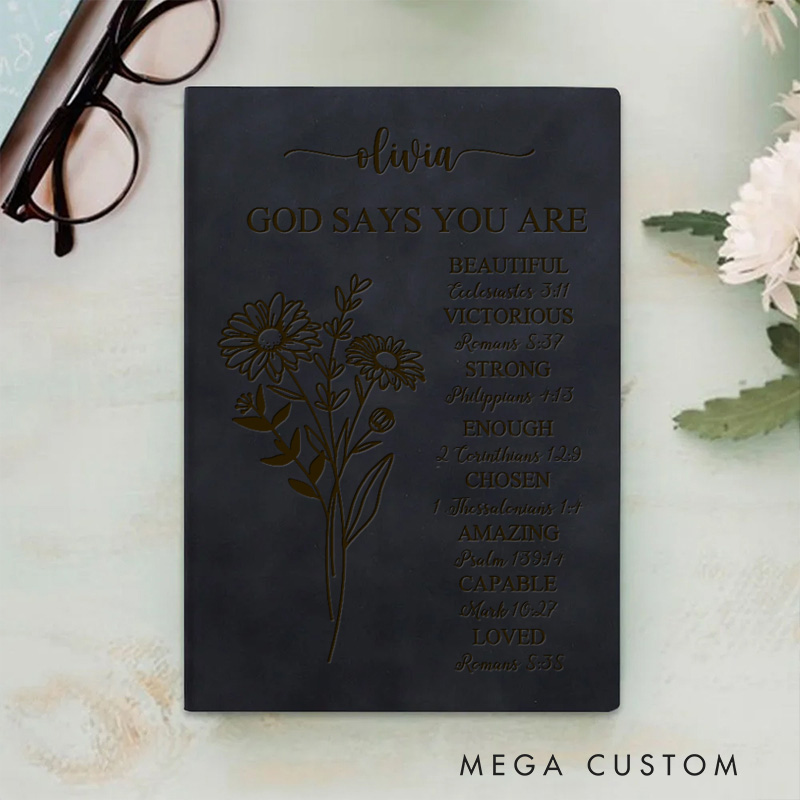 Personalized Floral God Says you are Prayer Journal A5 Leather Notebook with Name Religious Gift Birthday Gift for Christians