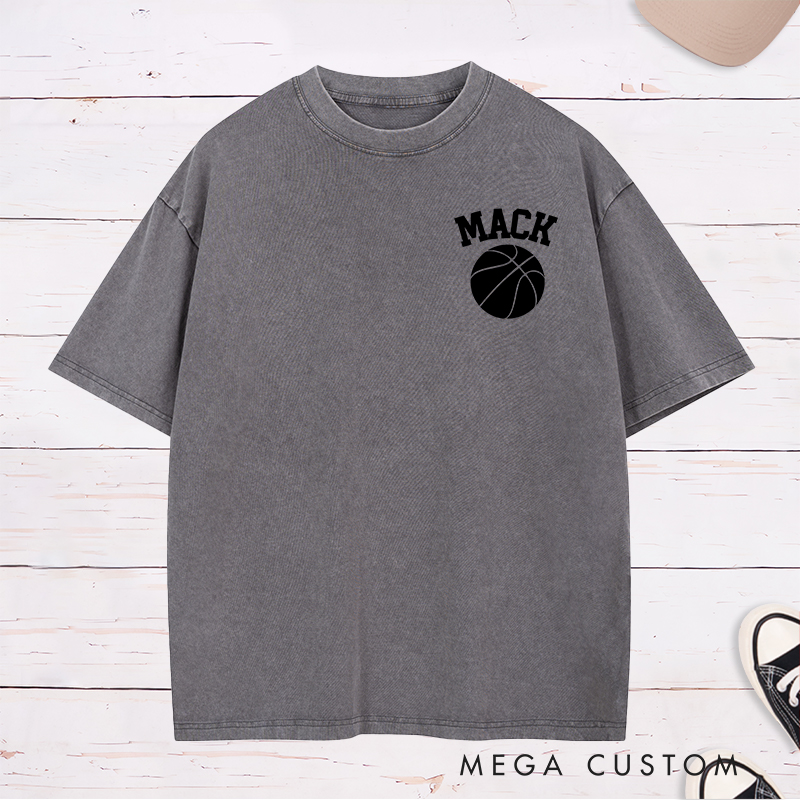 Personalized Washed T-Shirt Design Featuring Bold Custom Name and Basketball Graphic for a Classic Sporty Look