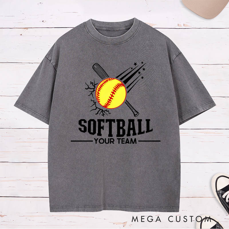 Personalized Softball Team Washed T-Shirt Design Featuring Customizable Team Name Explosive Softball Graphic with Bat and Shooting Star Accents