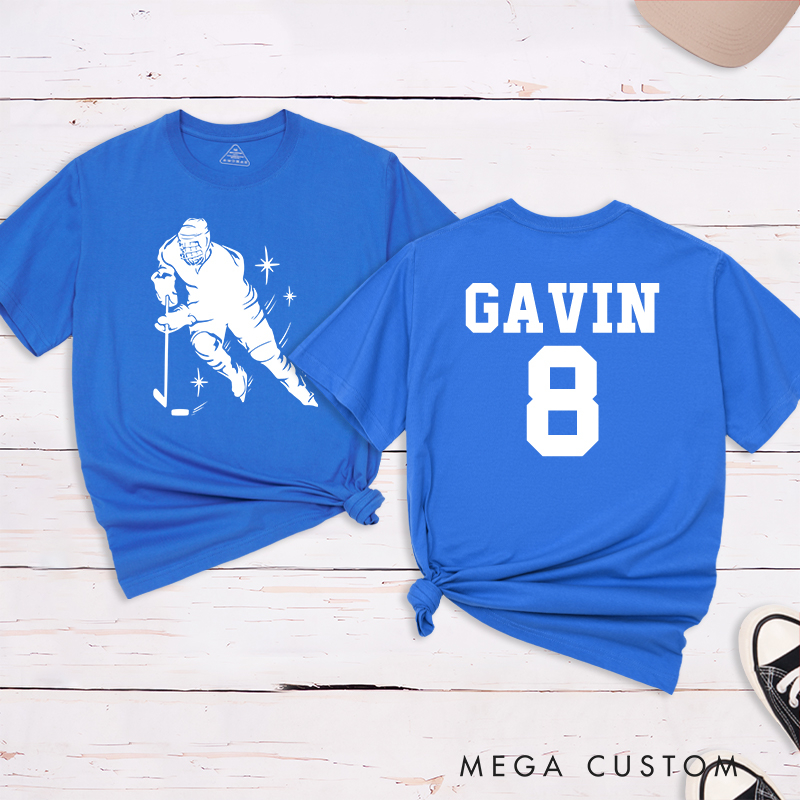 Personalized Hockey Player Silhouette T-Shirt with Custom Name and Number