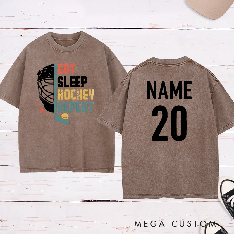 Personalized "Eat, Sleep, Hockey, Repeat" Washed T-Shirt with Custom Name and Number