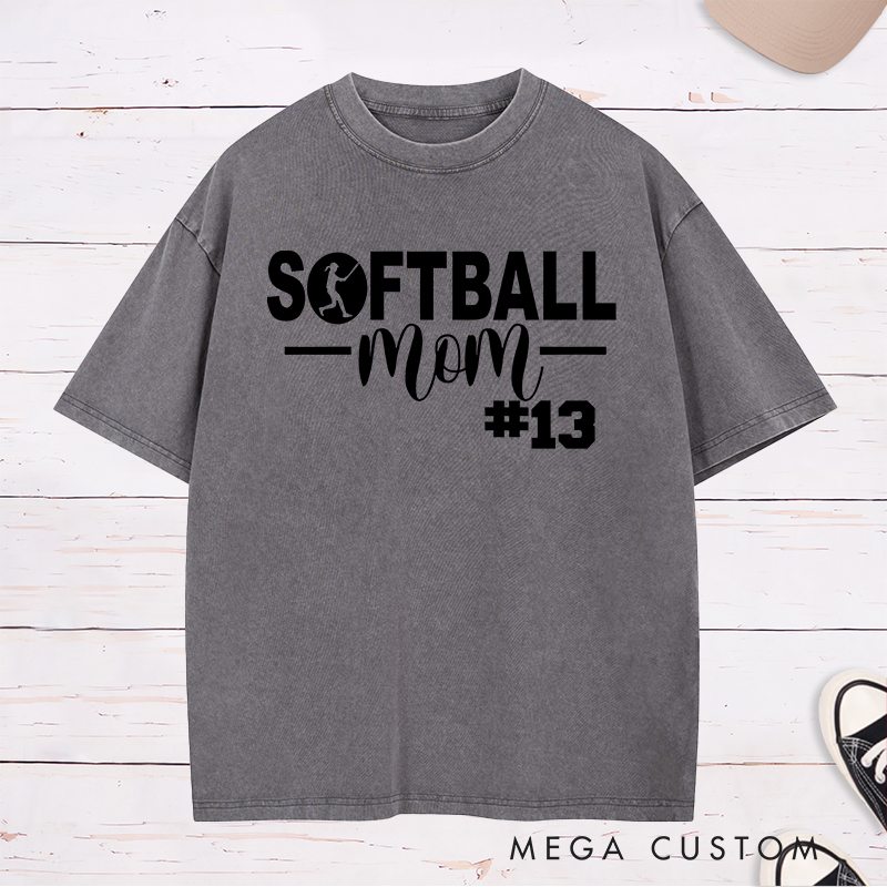 Personalized Softball Mom Washed T-Shirt Design Featuring Bold Text Player Number and a Stylish Softball Silhouette Graphic