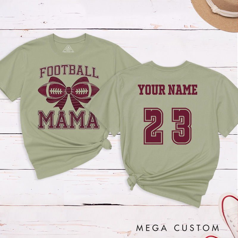 Personalized American Football Bow Mom T-Shirts Featuring Custom Name and Number for Game Day Glam