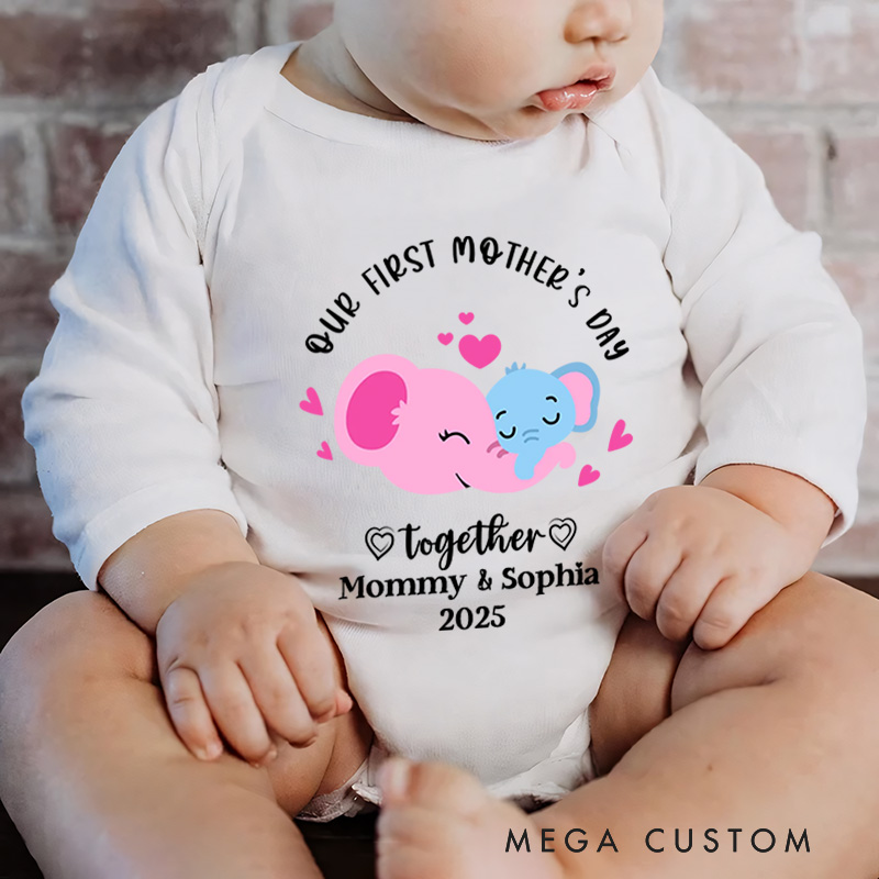 Personalized Our First Mother's Day Together Baby Onesie with Name Cute Giraffe Elephant Bear Koala Gift for Newborn