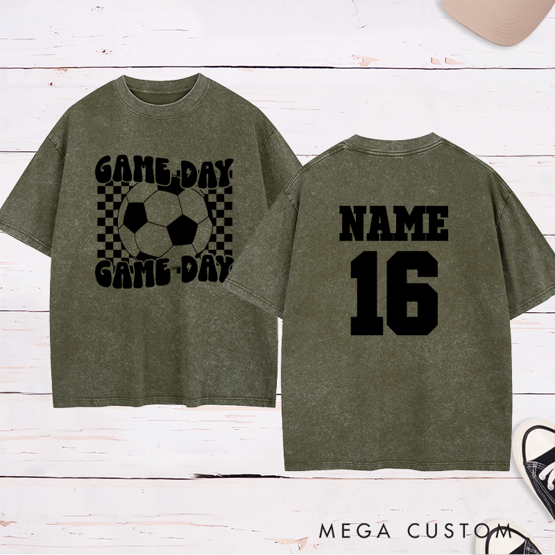 Personalized Game Day Soccer Washed T-Shirt with Bold Checkerboard Design and Custom Name and Number