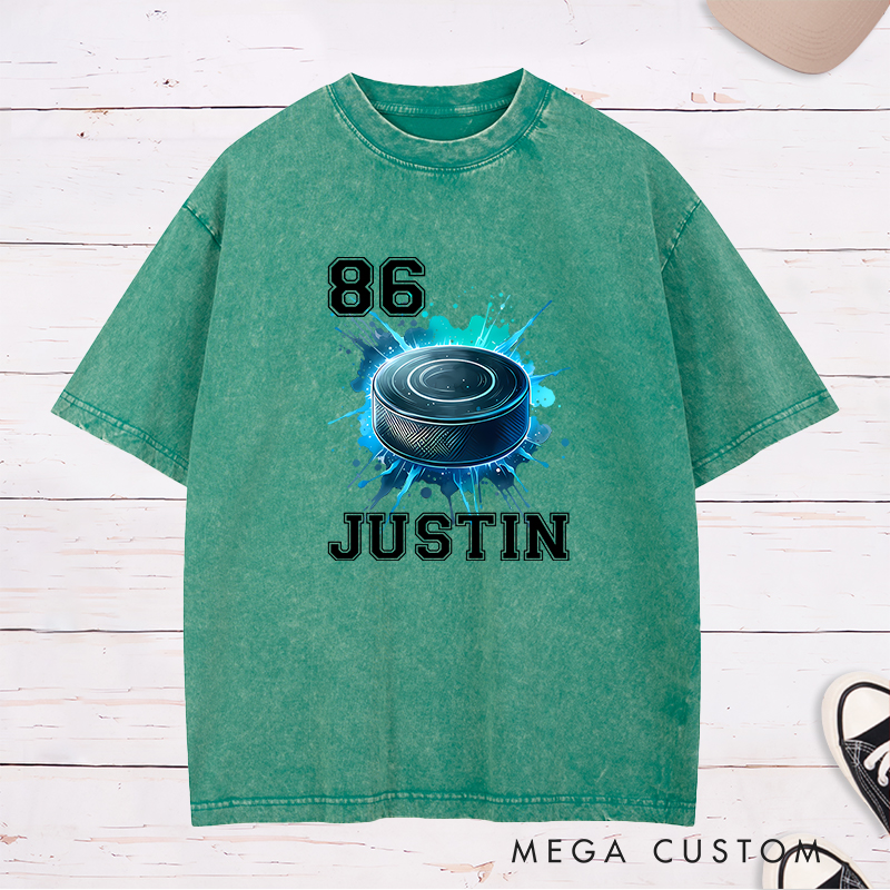 Personalized Athletic Washed T-Shirt Featuring a Vibrant Hockey Puck Graphic and Custom Name