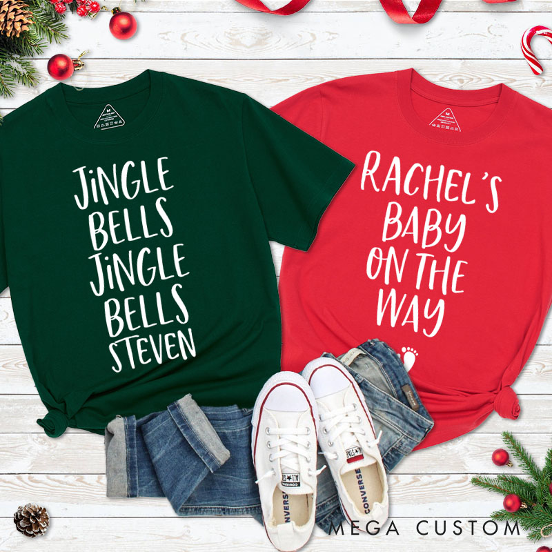 Personalized Couple Jingle Bells Jingle Bells Baby on the Way T-Shirt Chic Couple Xmas Matching Shirt for Husband Wife Boyfriend Girlfriend Tee Tops