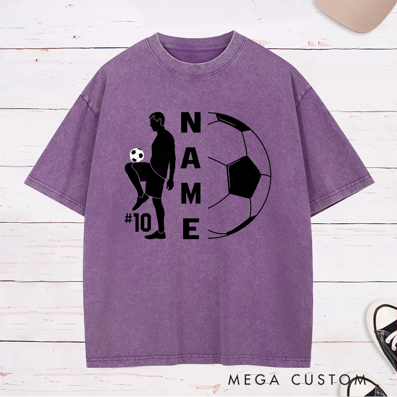 Personalized Soccer Washed T-Shirt with Player Silhouette and Custom Name and Number Design