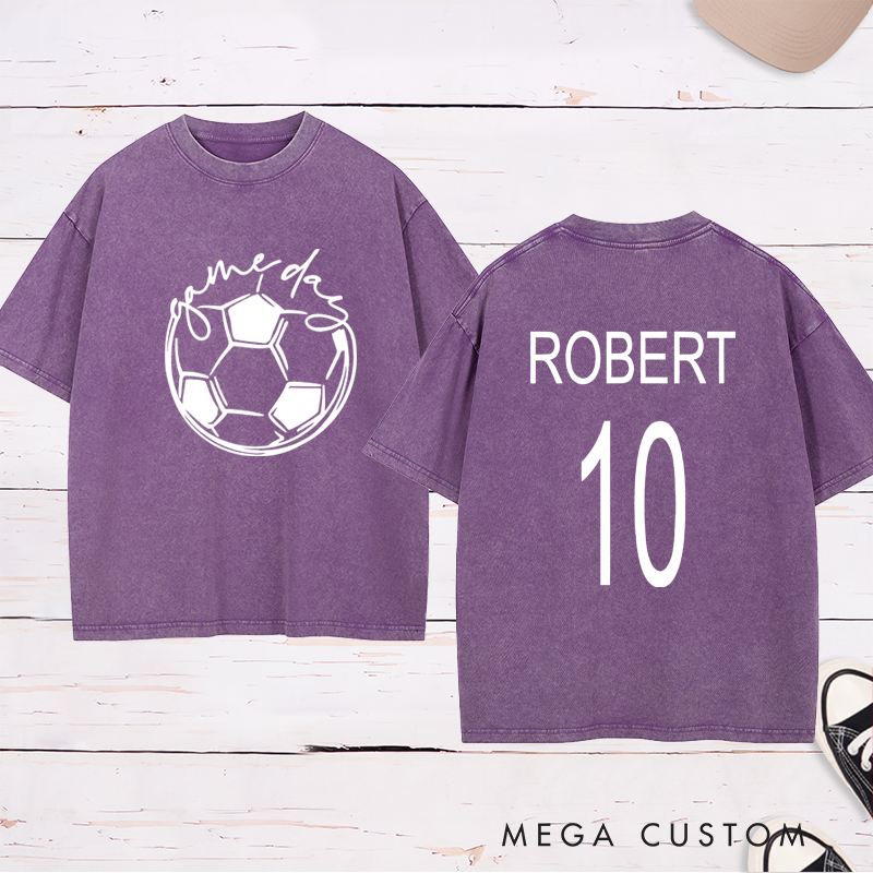Personalized Washed Soccer T-Shirt with Custom Name, Number, and "Game Day" Graphic Design
