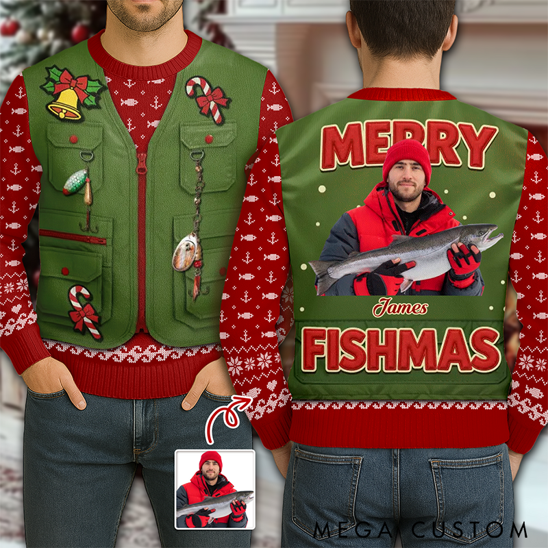 Personalized Merry Fishmas Ugly Sweater Christmas Ugly Sweater Custom Fishing Photo Design Funny Holiday Gift for Fishing Lovers