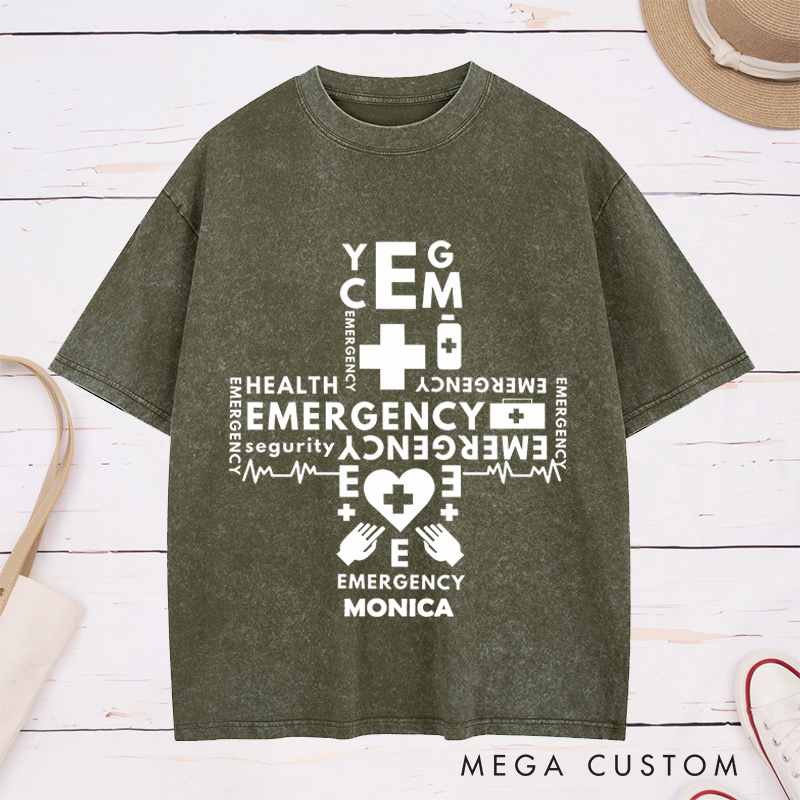 Personalized Nurse Washed T-Shirt Customized Emergency Cross Design Washed T-Shirt 