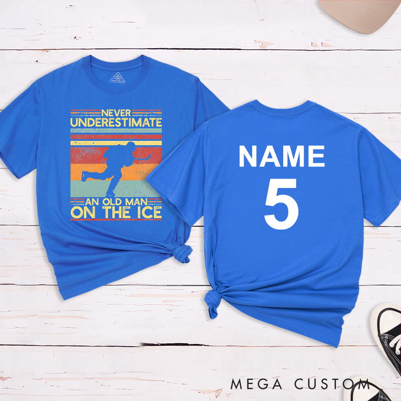 Personalized "Never Underestimate an Old Man on the Ice" Hockey T-Shirt with Custom Name and Number