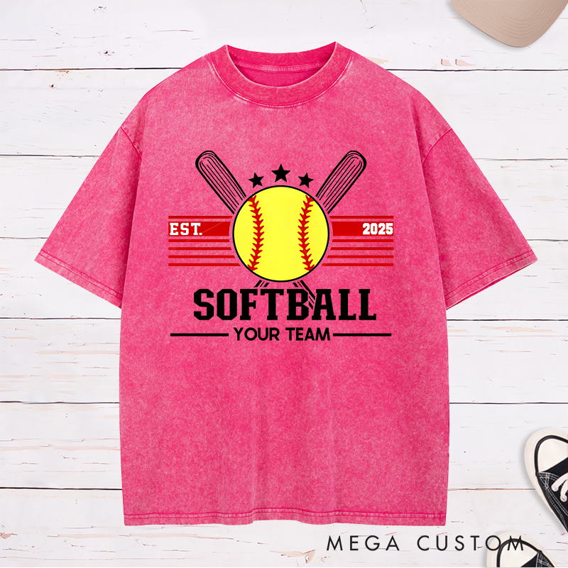 Personalized Softball Washed T-Shirt Team Logo Design Featuring a Customizable Year Team Name Bold Graphics and Classic Sports Elements