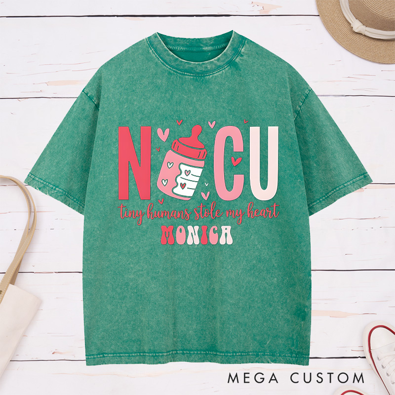 Personalized Nurse Washed T-Shirt Customized NICU Tiny Humans Stole My Heart Design Washed T-Shirt 