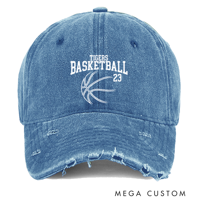 Personalized Distressed Basketball Cap with Custom Team Name and Player Number Design